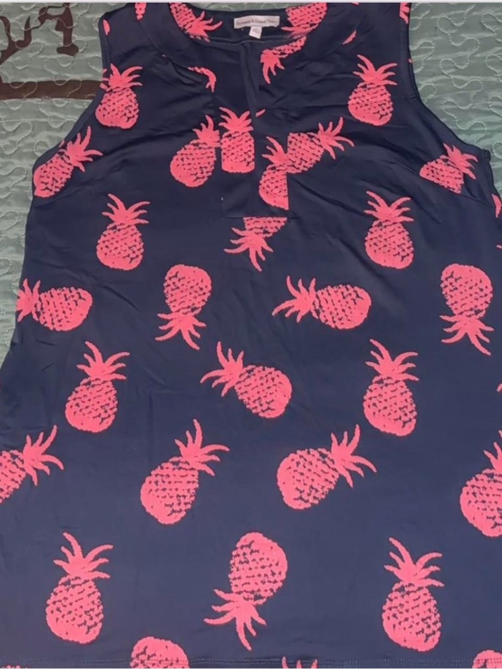 Sunsets and Sweet tea women’s size Large Navy Tank Top with Pink Pineapple Print